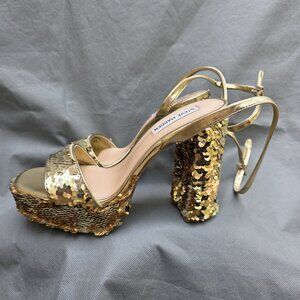 Steve Madden Lessa-S Platform Sandals Shoes Heels Gold Sequins 7.5 New Years Eve